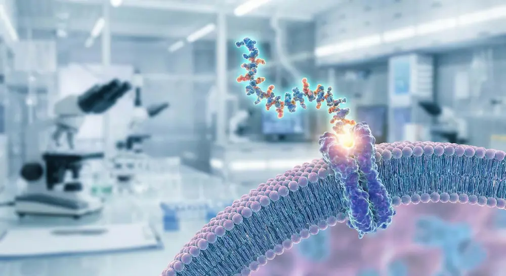 3D medical illustration of a molecule binding to a cell receptor against a blurred laboratory background.