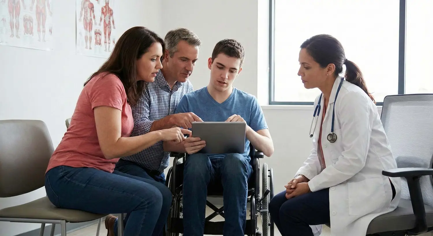 Young man in a wheelchair reviewing information on a tablet with his parents and a doctor.