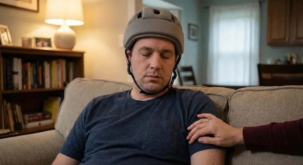 Adult man wearing a protective soft helmet resting on a sofa with a comforting hand on his arm.